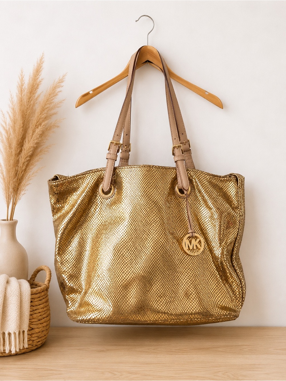 Michael Kors Metallic Gold Tote with Tan Leather Straps